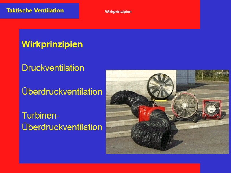 Wirkprinzipien   Druckventilation  Überdruckventilation  Turbinen-  Überdruckventilation Taktische Ventilation Wirkprinzipien